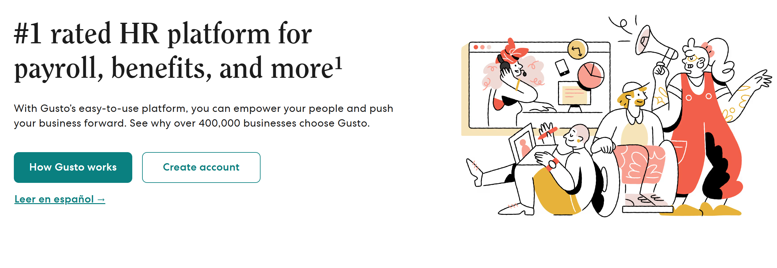Gusto hero section — clear value proposition for mid-market HR